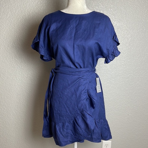 NWT ASTR The Label Blue Linen Ruffle Wrap Dress Sz XS - Picture 2 of 12